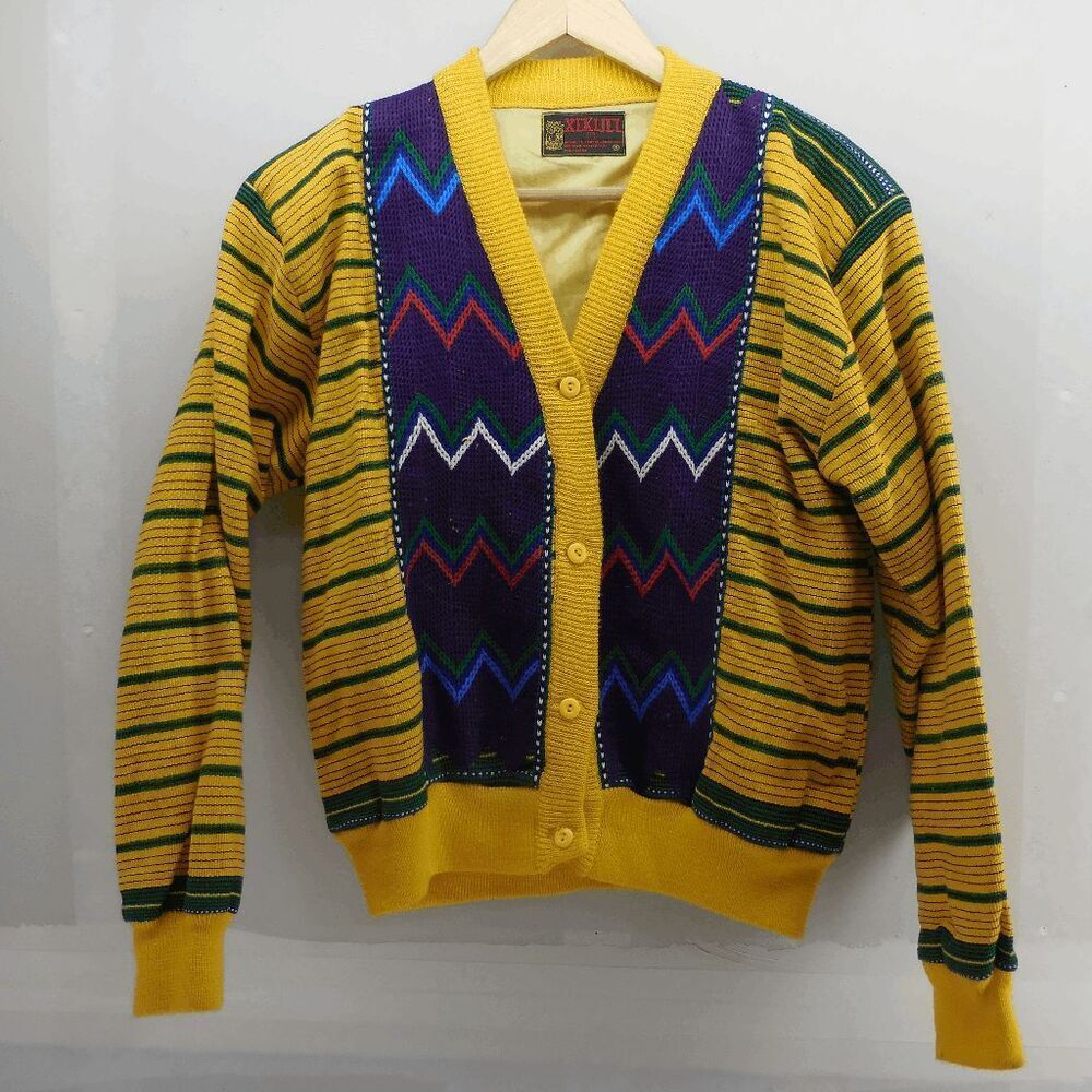 Xekijel Cable Knit Coogi Style Cardigan Womens Size Large Green Yellow Purple‎